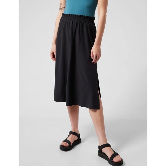 Athleta Dresses & Skirts - Athleta Savannah Skirt Black Smocked Paperbag Waist Midi Side Slits Womens XS